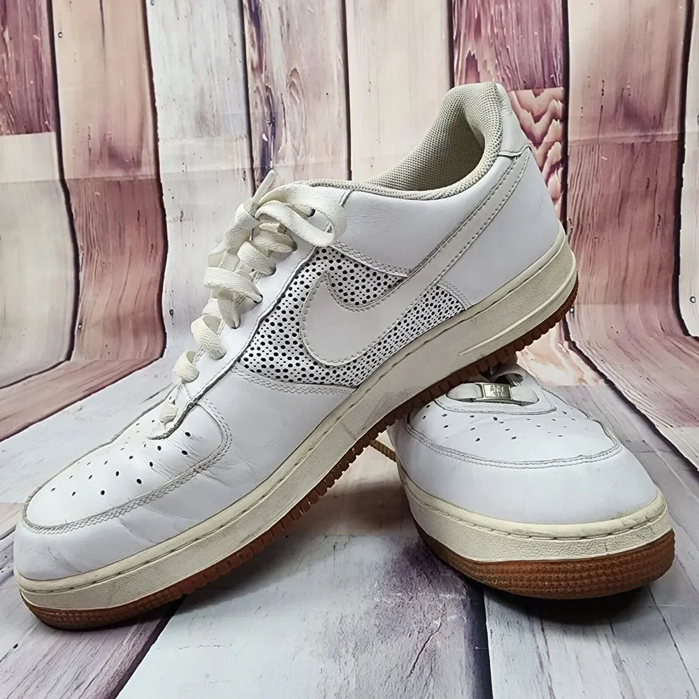 Nike Air Force 1 Mens 14 Low White Perforated Side Panels Gold Letter 315122-992